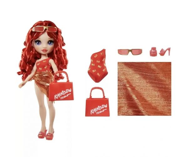 Rainbow High: Păpușă de modă Ruby pentru plajă, cu costum de baie și accesorii de modă