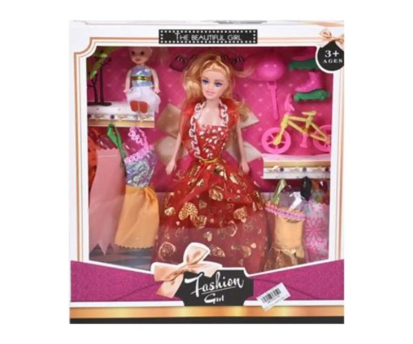 Fashion Girl: Păpușă cu copil păpușă set cu bicicletă și accesorii 28cm
