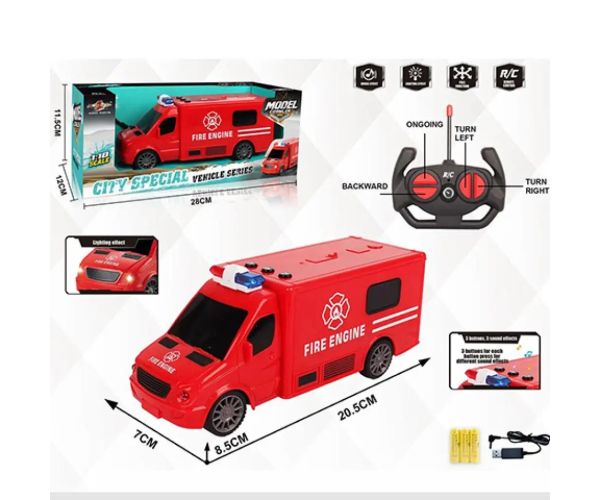 Microbuz de stingere a incendiilor cu telecomandă RC cu efecte de lumină și sunet la scară 1:18 20cm