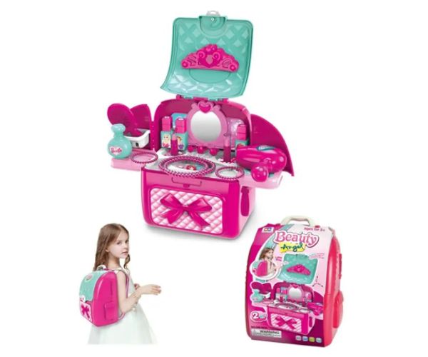 Pink set transportabil 2in1 masuță de înfrumusețare în rucsac set de joacă