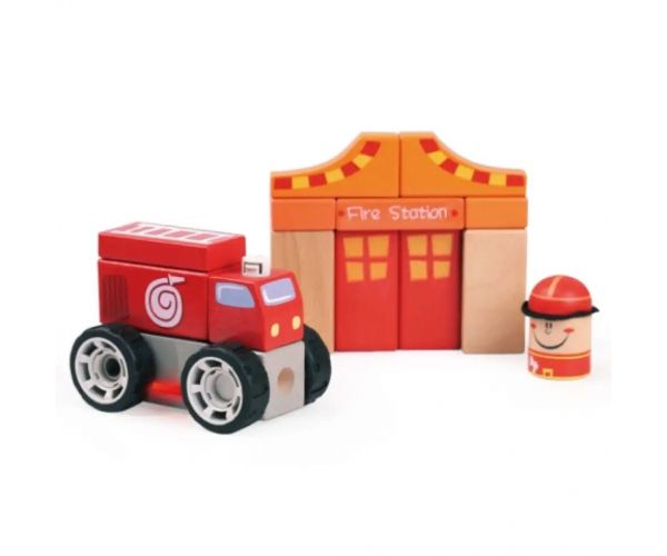 Cuburi pentru construcție colorată lemn - Set de joacă pompieri