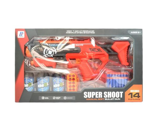 Super Shoot: Pistol manual cu burete cu cartușe și ținte flacon 46 cm