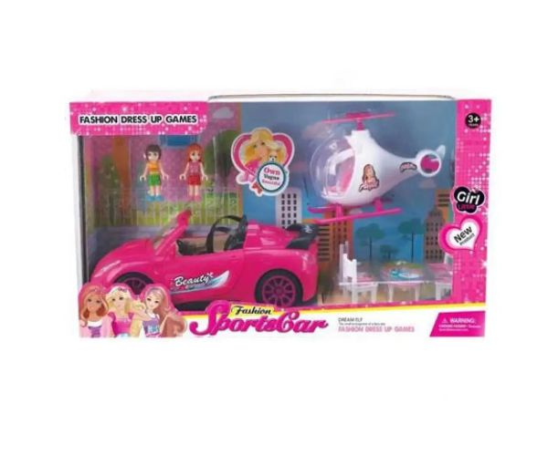 Set mașină de sport pink cu elicopter și accesorii