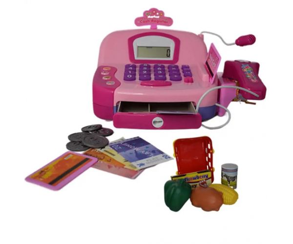Casă de marcat electrică roz cu microfon, bani de jucărie și sunet
