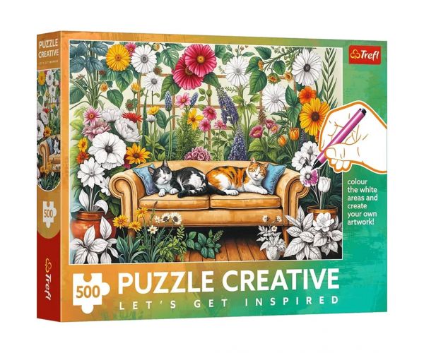 Pisici în grădina plină de flori – puzzle creativ de 500 de piese – Trefl