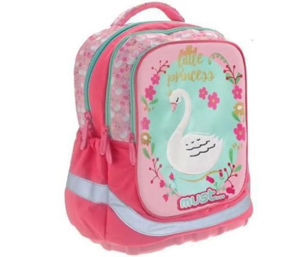 Must: Geantă școală ergonomică lebădă roz, cu trei compartimente, rucsac 30x16x42cm