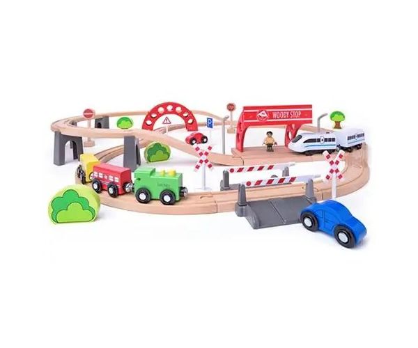 Tren de lemn cu șine și locomotivă cu baterii set de 60 de piese - Woodyland