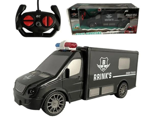 Microbuz RC cu telecomandă care transportă bani cu efecte de lumină și sunet la scară 1:18 20cm