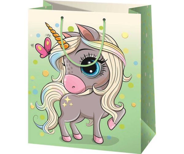 Sac de cadou mare exclusiv verde cu model de unicorn 26x13x33cm