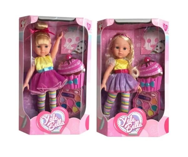 Bebeluș cu păr blond în haine colorate, cu set de machiaj în două variante