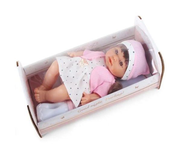 Bebeluș care face pipi în rochie cu stele, cu sunet și pătuț 30cm