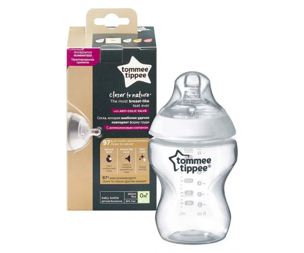 Tommee Tippee: Closer To Nature sticlă de supt transparentă 260ml (0 luni+)