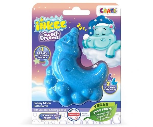 Craze Inkee: Vis de dulce vegan cu bombă de baie spumoasă în formă de lună.