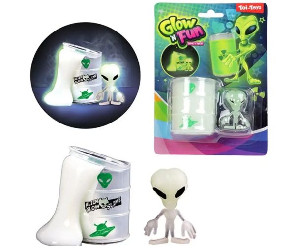 GlowN Fun Slime Alien: Slime fluorescent în butoaie cu ulei cu figurina extraterestră