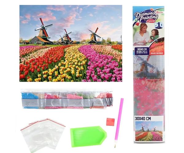 Puzzle cu diamante: Set de pictură cu diamante pe câmpul de lalele olandeze 30x40cm