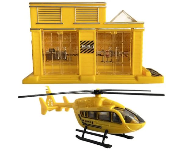 Construcție mare cu vehicule, clădire și elicopter set de joacă din 9 piese