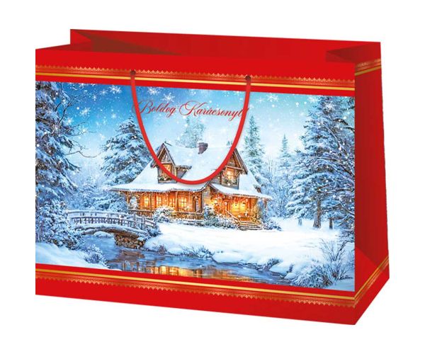 Saco de cadou mare cu model de căsuță fericită de Crăciun 26x13x33cm