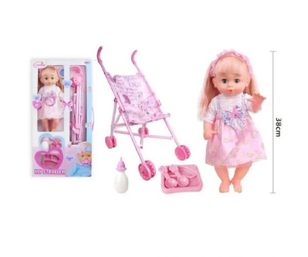 Păpușă cu păr blond, cărucior, sticlă set