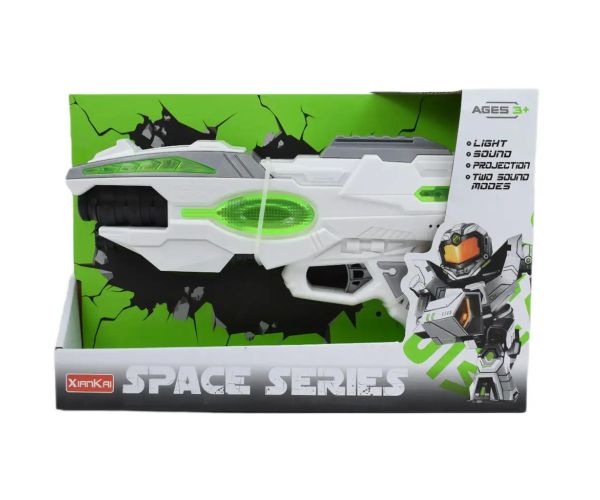 Space Series: Armă spațială de culoare verde și alb cu lumină și sunet 25cm