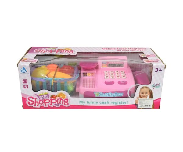 Happy Shopping: Casă de marcat roz cu produse, sunet si accesorii 22x10x15cm