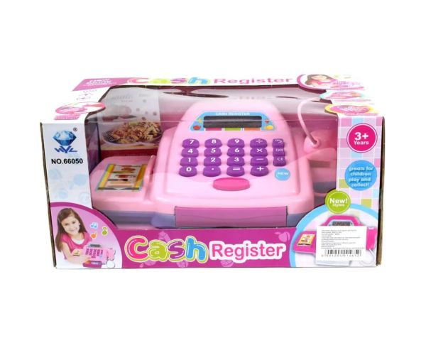 Casă de marcat electronică roz cu lumină și sunet, bani de jucărie 25x14cm