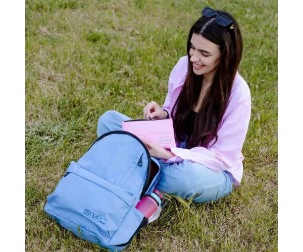 Must: Geantă școală rotunjită albastru deschis cu patru compartimente, rucsac 32x17x42cm