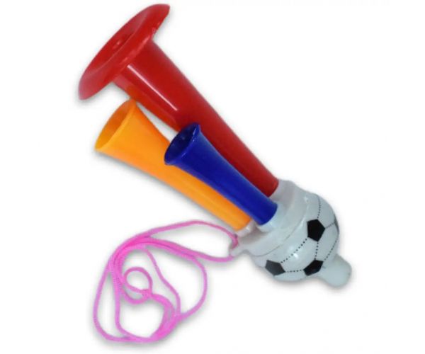 Trompetă care poate fi pusă în gât cu model minge de fotbal cu triplu claxon 13cm