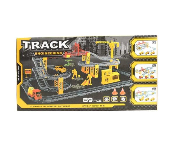 Track Engineering set de pistă de curse cu mașini de construcții și set de muncitori din 89 de piese