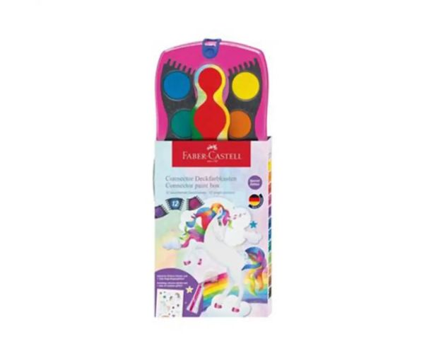 Faber-Castell: Acuarelă set de 12 bucăți cu abțibild unicorn și sclipici curcubeu