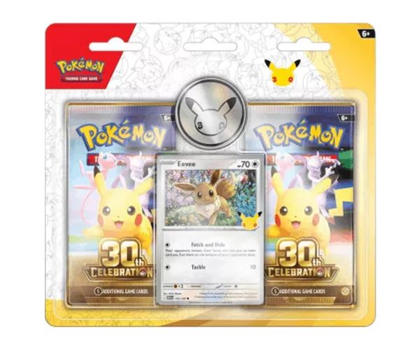 Pokémon TCG: 30 de ani de sărbătoare 2-Pack Blister – Dublu Larg (promo Eevee + monedă Pikachu)