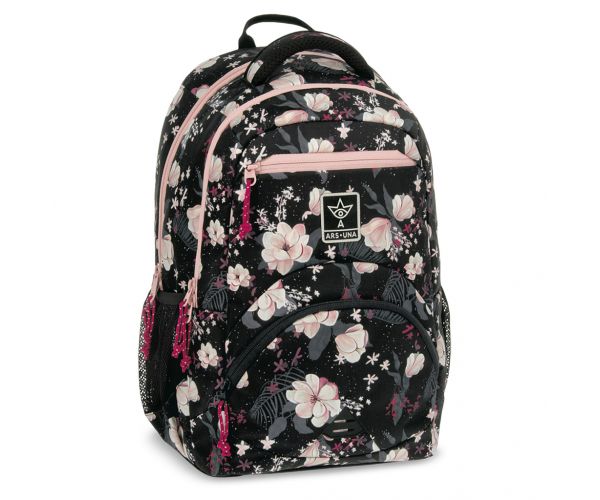 Ars Una: Flowery Black ghiozdan ergonomic cu flori, rucsac 33x45x24cm