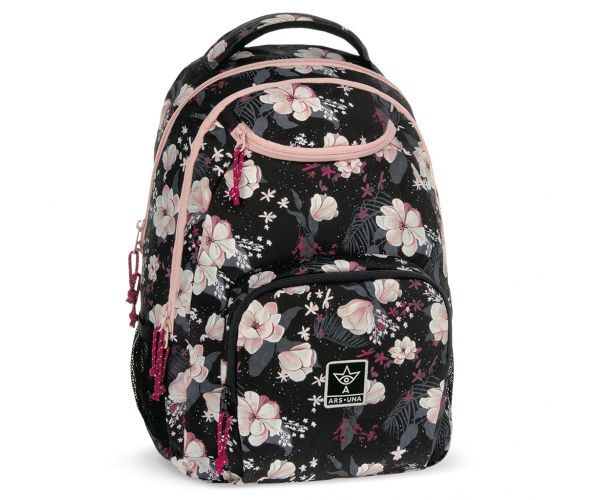 Ars Una: Flowery Black ghiozdan școlar cu flori AU-6, rucsac 34x45x26cm