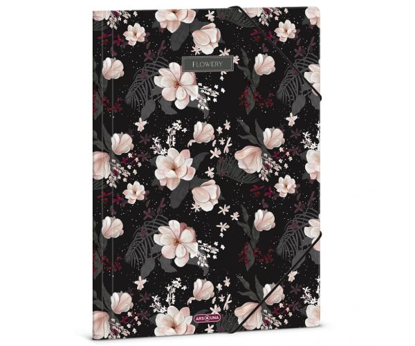 Ars Una: Flowery Black mapă cu flori și elastic A/4