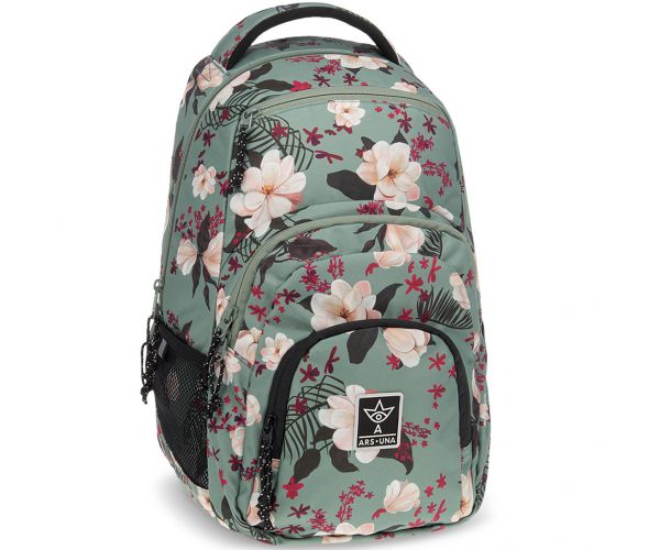 Ars Una: Ghiozdan școlar verde cu flori AU-2 32x46x22cm