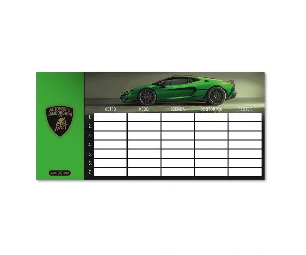 Ars Una: Orar pe o singură foaie, față‑verso, cu Lamborghini verzi.
