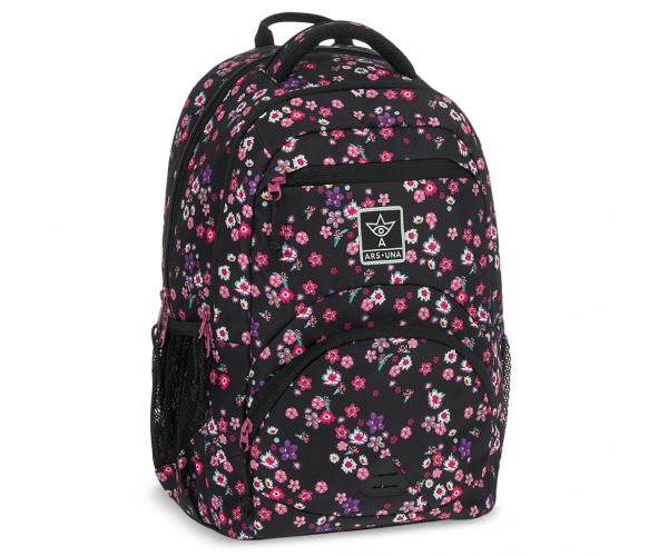Ars Una: Pearl Blossom Black ghiozdan ergonomic cu flori, rucsac 33x45x24cm
