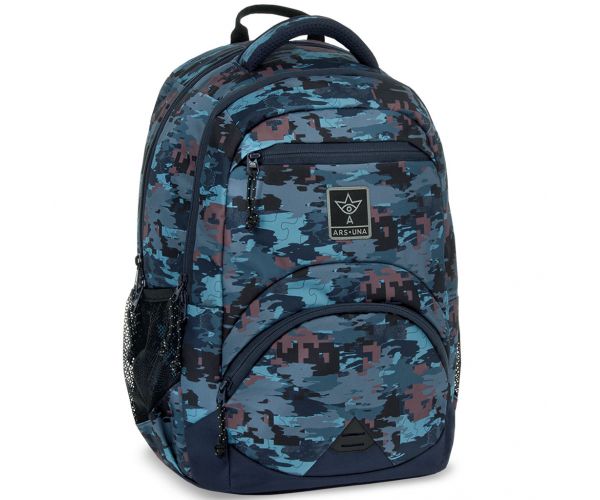 Ars Una: Rucsac ergonomic pentru școală, model camuflaj albastru Hyde, 33x45x24cm