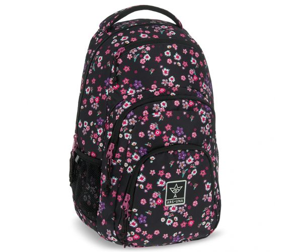 Ars Una: Rucsac școlar Peald Blossom Black cu flori AU-2, 32x46x22cm