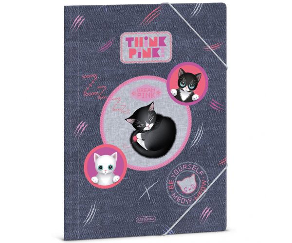 Ars Una: Think Pink dosar cu elastic drăguț cu pisici, mărime A4