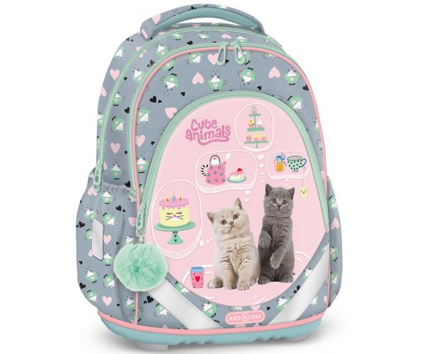 Ars Una: Cute Animals Tea Party, ghiozdan anatomic cu pisici, rucsac 33×43×22 cm