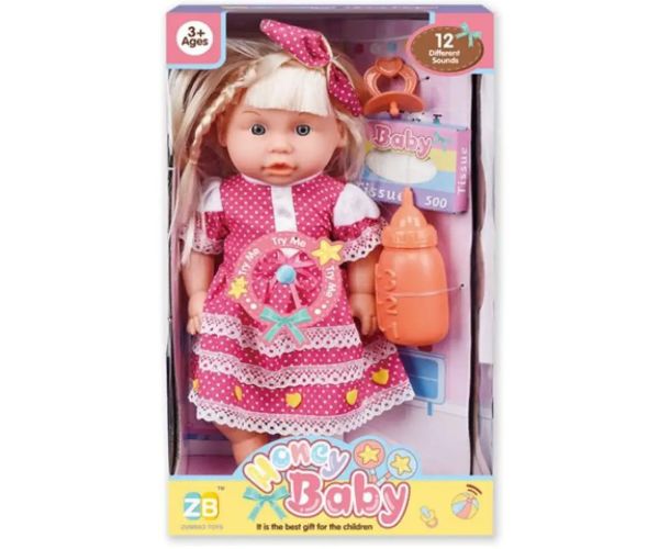 Păpușă în haine cu buline și accesorii, sunete