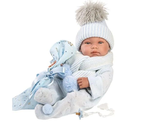 Llorens: Tino 43cm băiețel nou-născut cu pătură albastră, suzetă și 3 bucăți de haine diferite