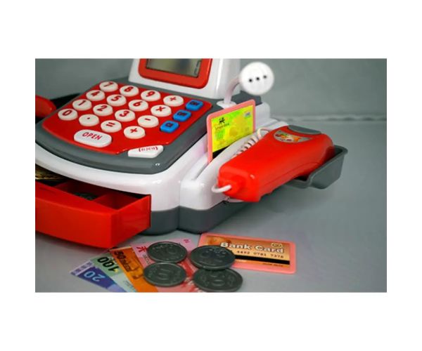 Casă de marcat electronică rosie cu bandă rulantă, cu produse și sunete