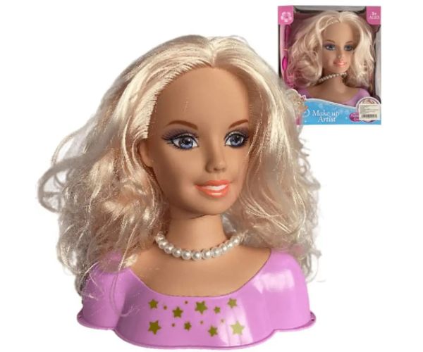 Cap de păpușă cu păr lung și blond pieptănabil cu colier de perle si accesorii