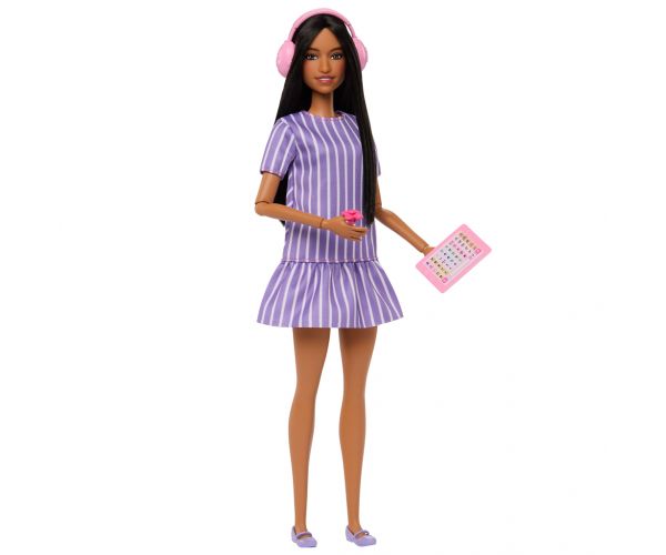 Barbie: Prietene Fashionista păpușă de modă stilată cu căști în rochie mov – Mattel