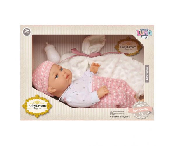 Baby Dream: Bebeluș în rochie roz cu accesorii, 35 cm.