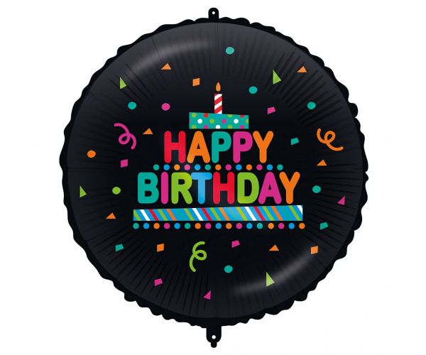 Balon folie de ziua de naștere – cu inscripția „Happy Birthday”, cu tort și confetti, pe fundal negru, 46 cm