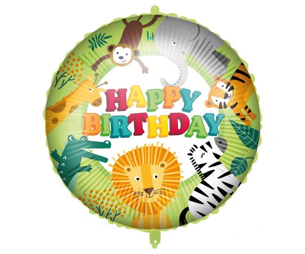 Szülinapi fólia lufi – „Happy Birthday” felirattal, dzsungel állatos mintával 46cm