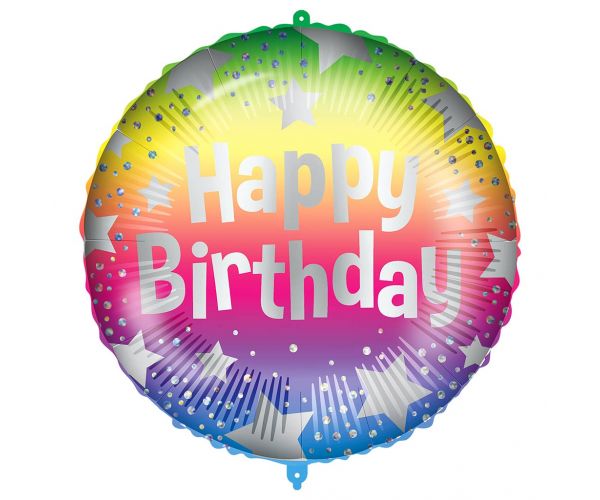 Balon folie de ziua de naștere – cu inscripția „Happy Birthday”, model cu stele în culorile curcubeului, 46 cm