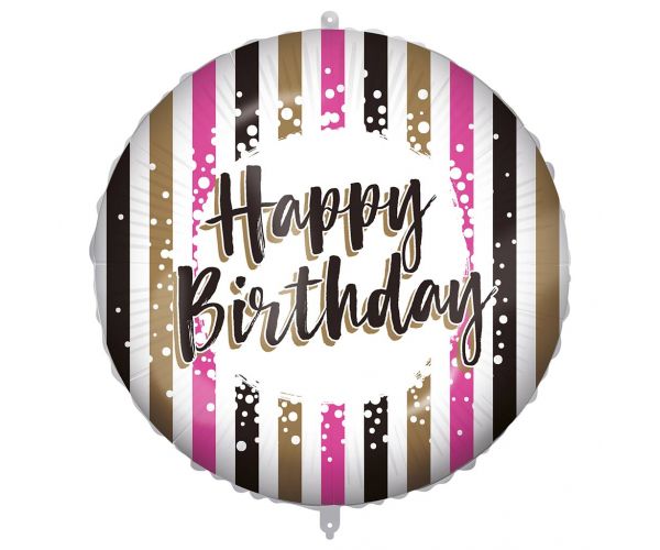 Balon folie pentru ziua de naștere – cu inscripția „Happy Birthday”, design cu dungi aurii-negre-roz, 46cm